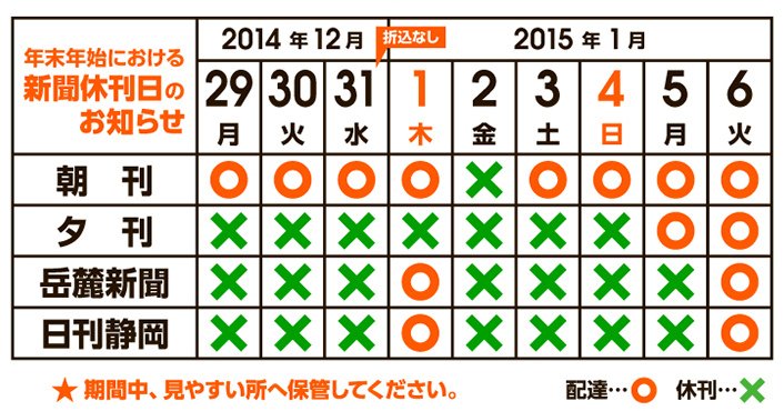 2014〜2015年新聞休刊日のお知らせ
